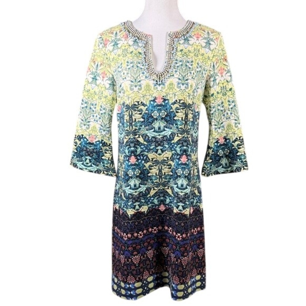 Taylor Women Yellow Blue Kaleidoscope Floral Beaded Split Neck Shift Dress 10